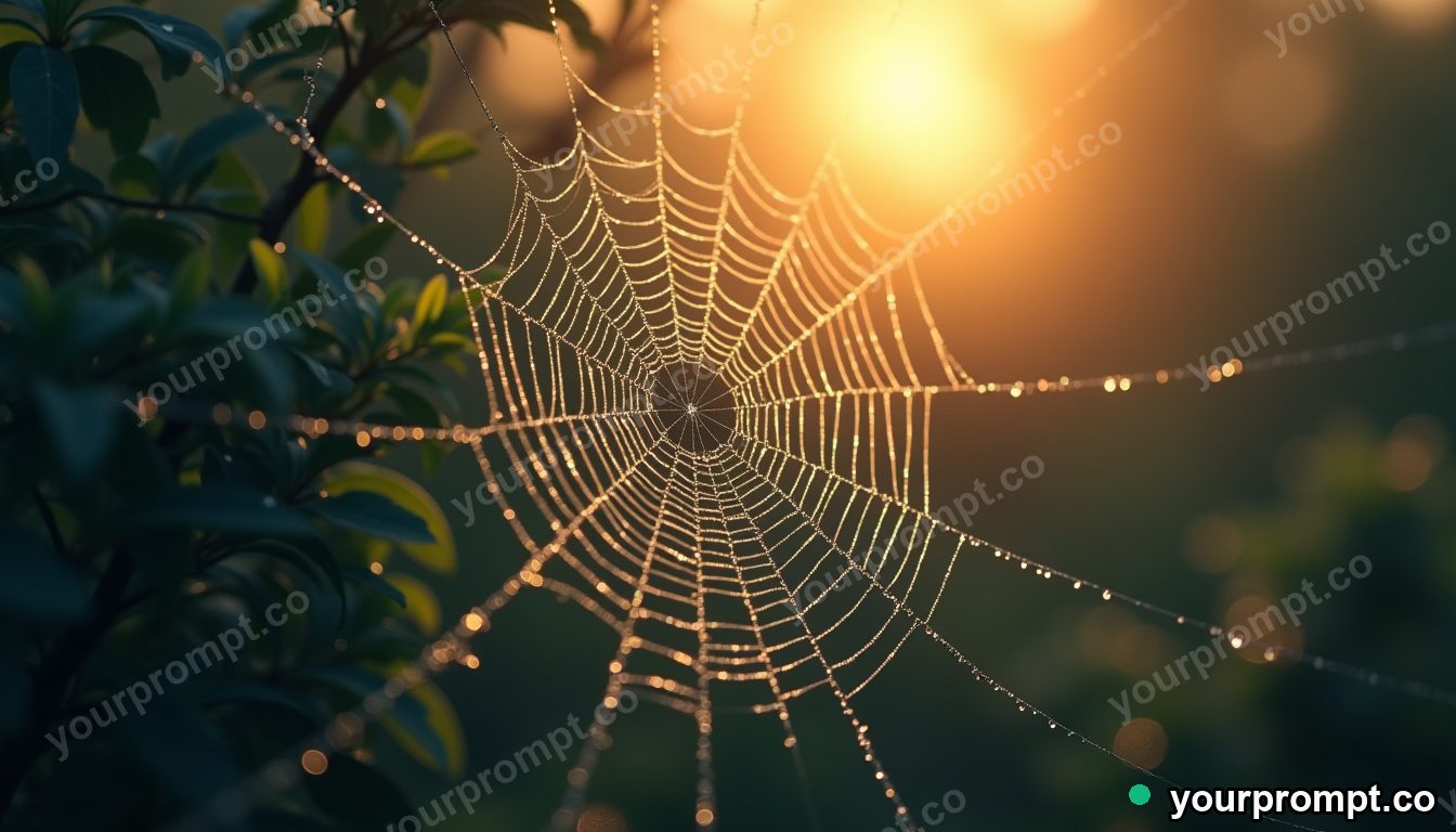 A spider web beaded with morning dew, backlit