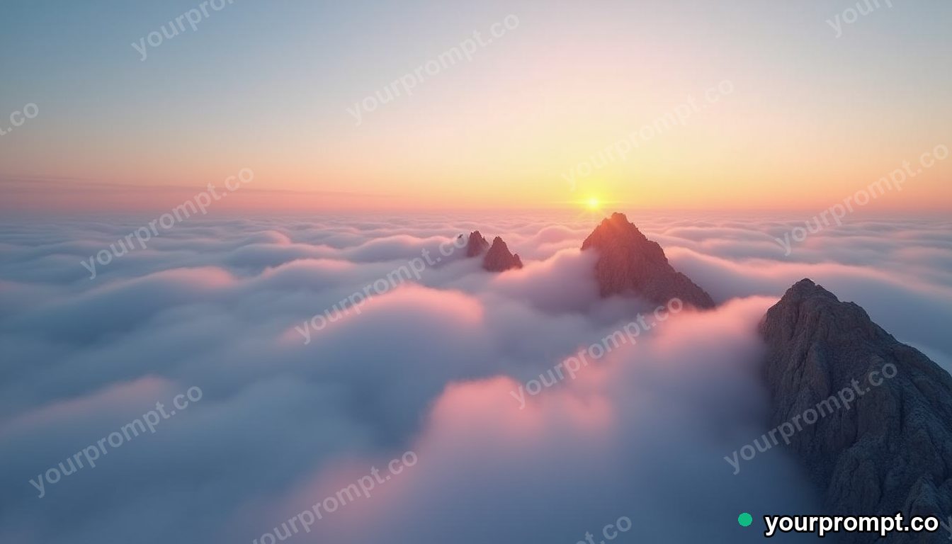 A sea of clouds below a mountain summit at sunrise