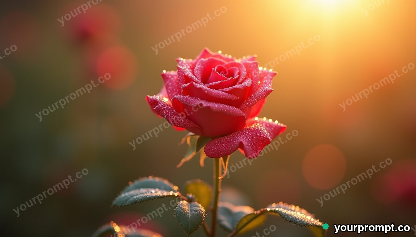 A single dew-covered rose in soft morning light, macro