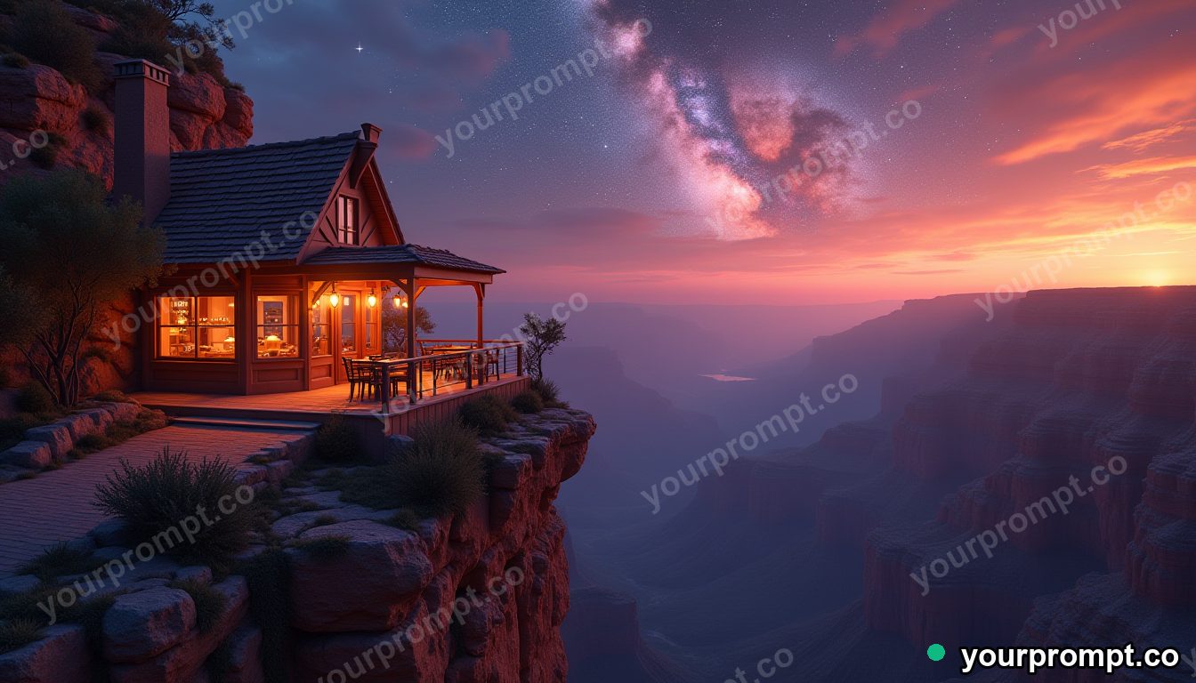 A cliff edge cafe overlooking a galaxy-filled canyon