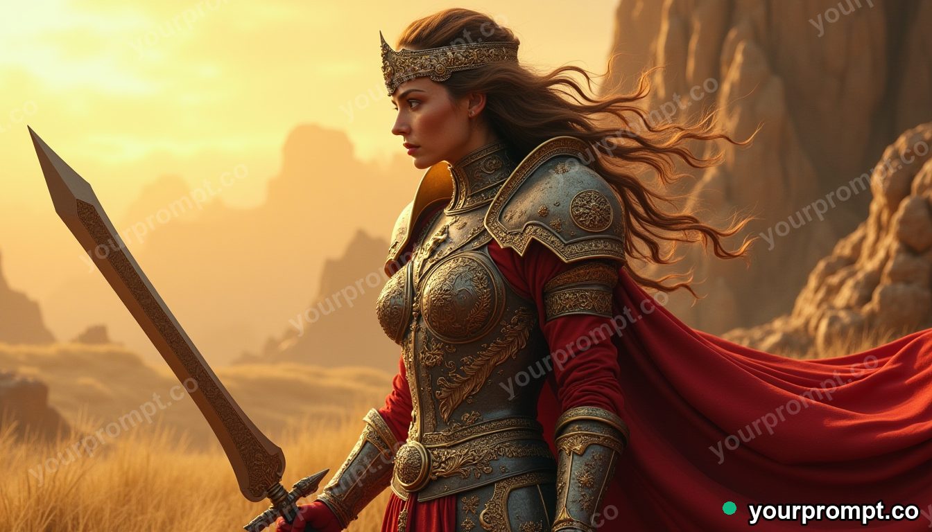 A fierce warrior queen in ornate armor, fictional