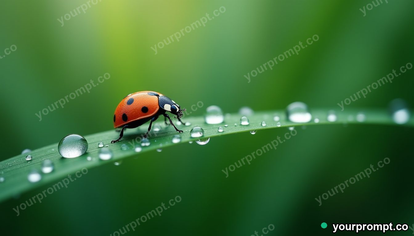 A ladybug on a raindrop-covered blade of grass