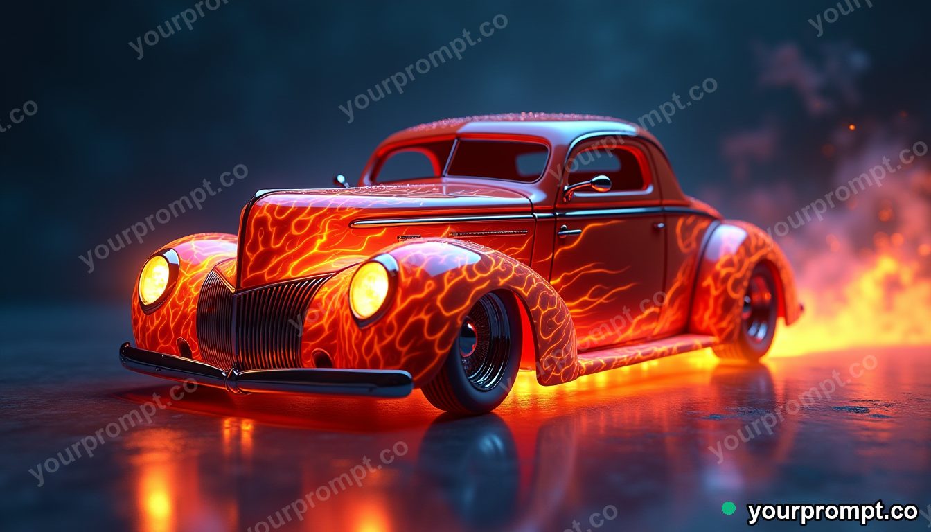 A flame-painted hot rod under studio lighting