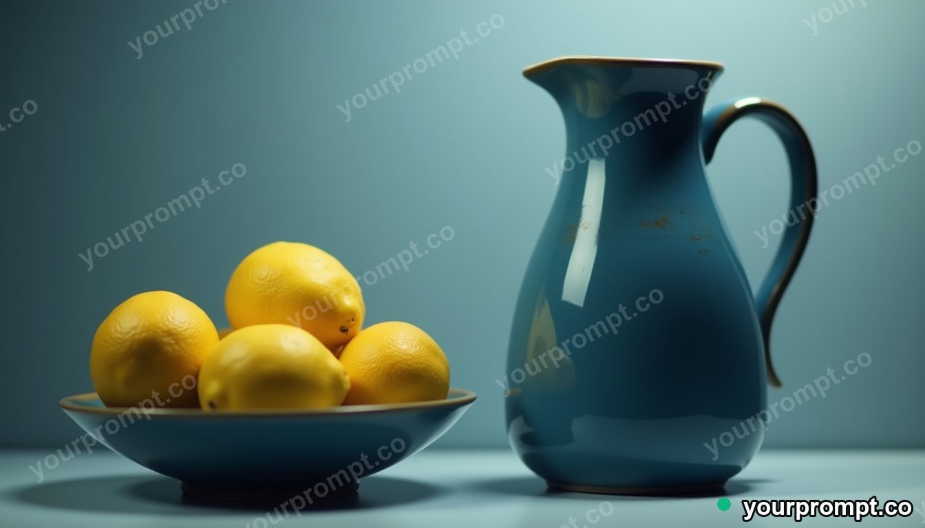 A bowl of lemons beside a blue ceramic jug