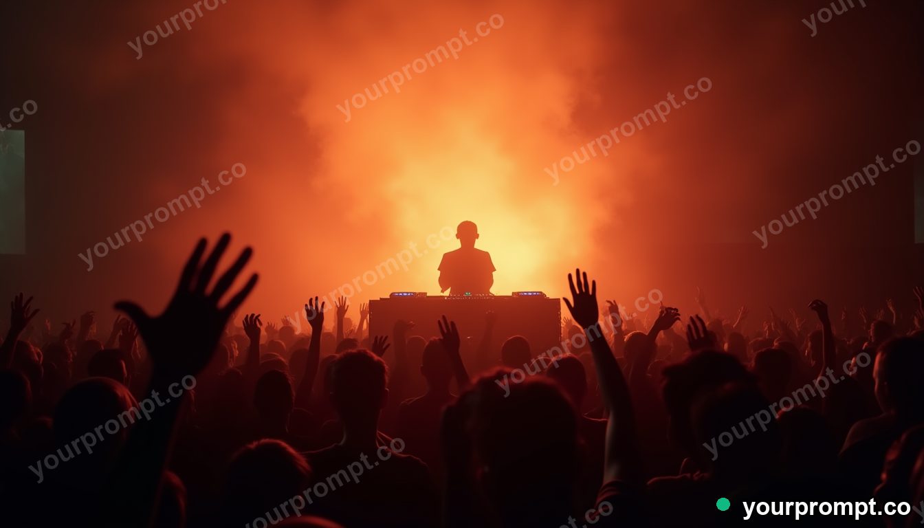 A DJ booth glowing in a crowd of raised hands