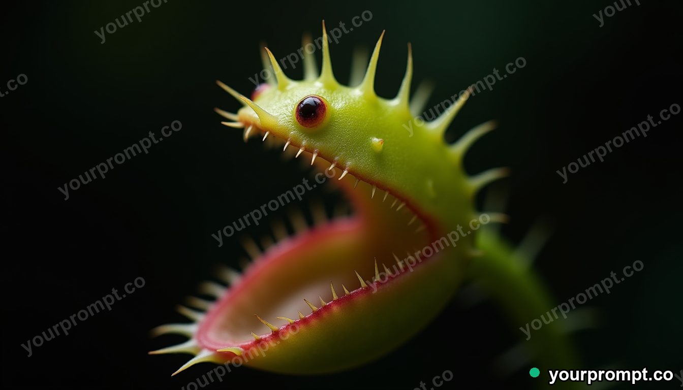 A venus flytrap with open jaws, macro detail