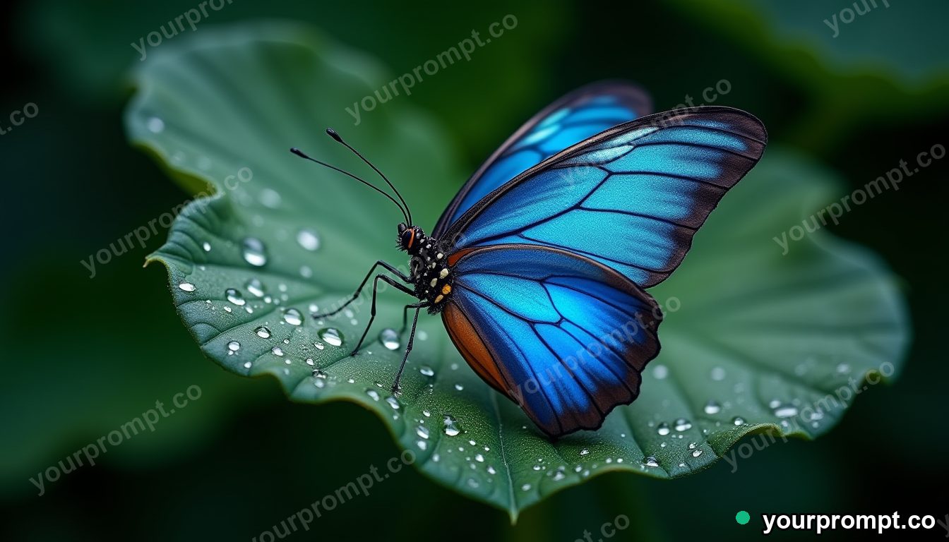 A blue morpho butterfly on a dewy leaf, macro
