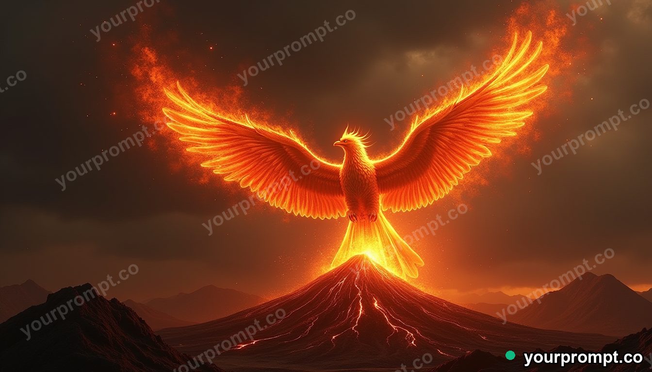 A phoenix made of fire soaring over a volcano