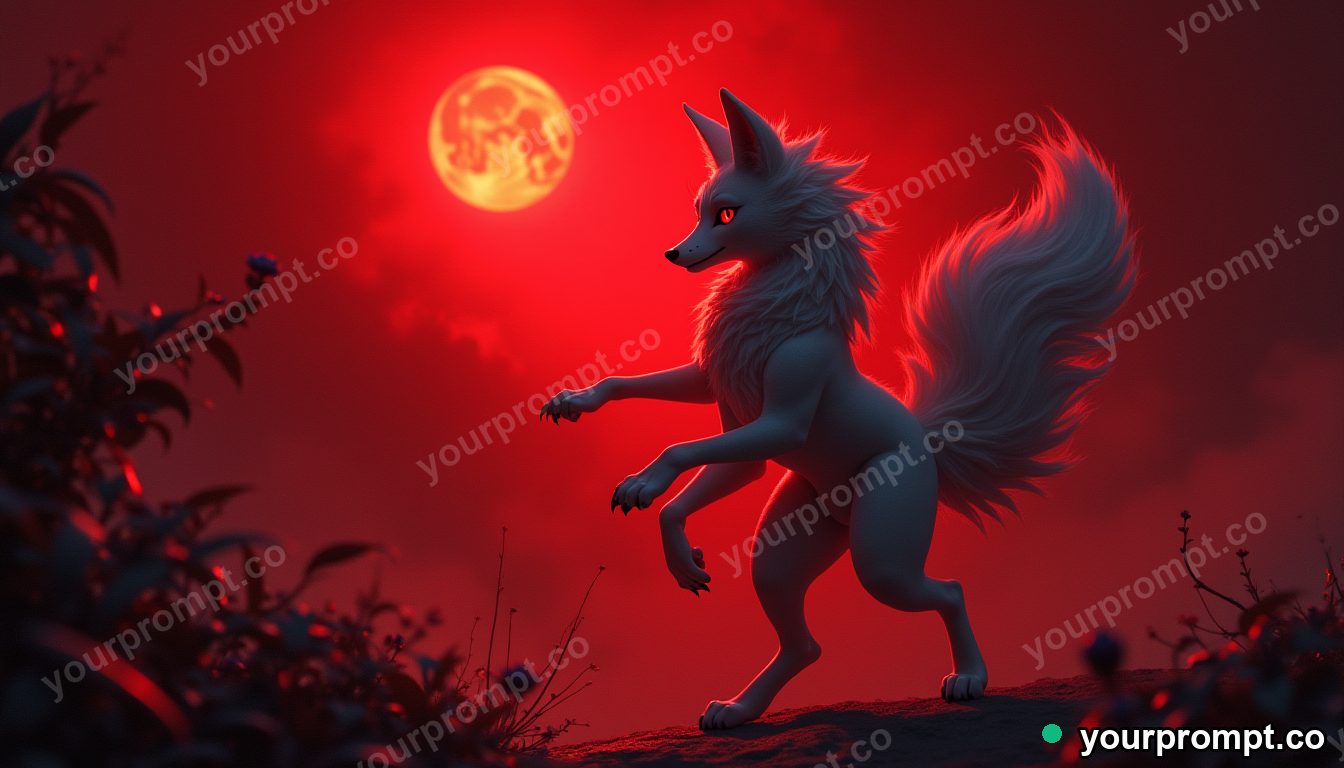 A kitsune dancing under a blood-red moon