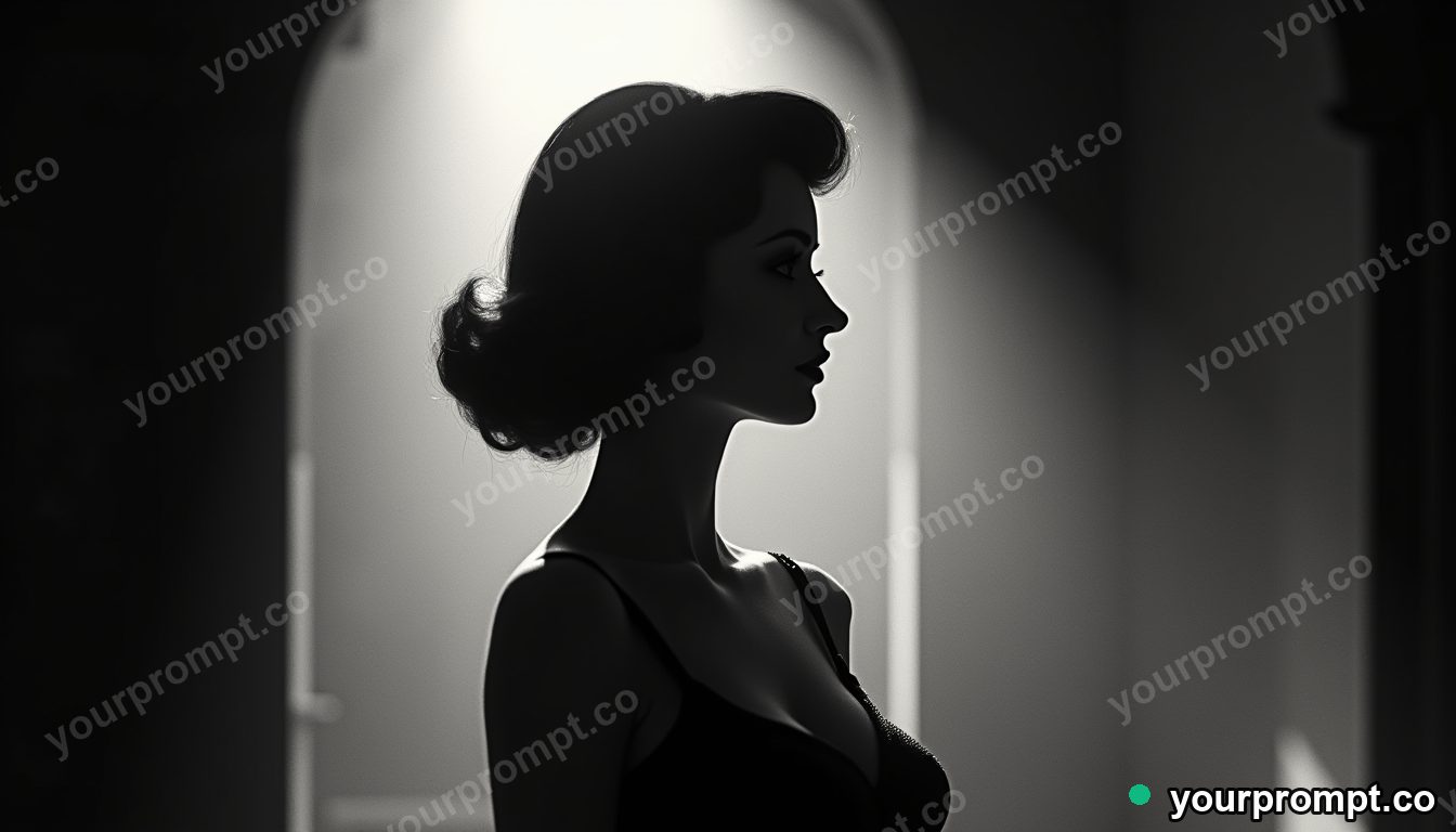 A glamorous 1950s film star in black-and-white, fictional