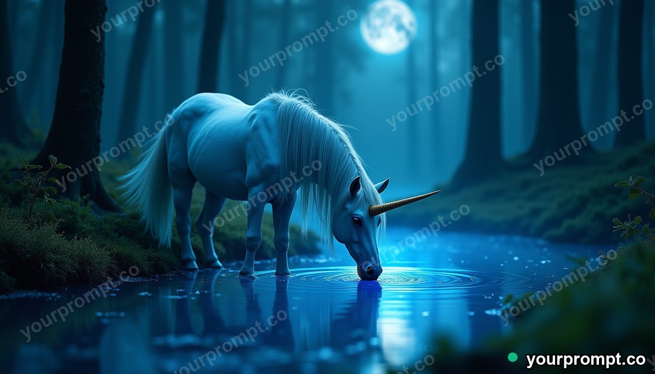 A unicorn drinking from a moonlit forest pool