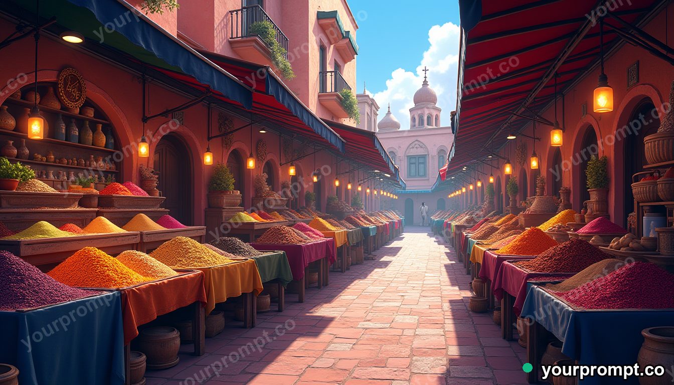 A vibrant Moroccan spice market with colorful stalls