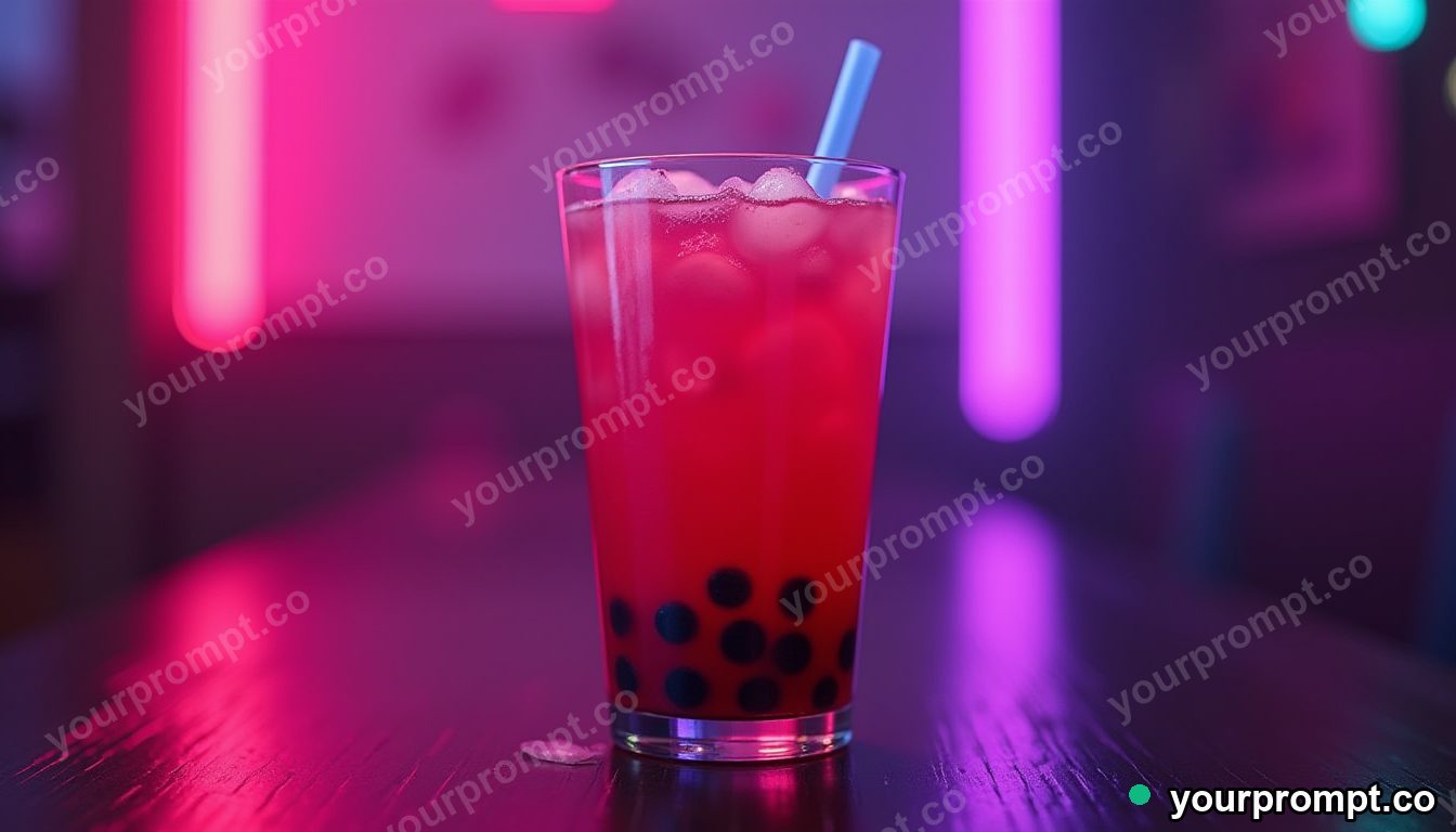 A neon-lit boba tea with tapioca pearls