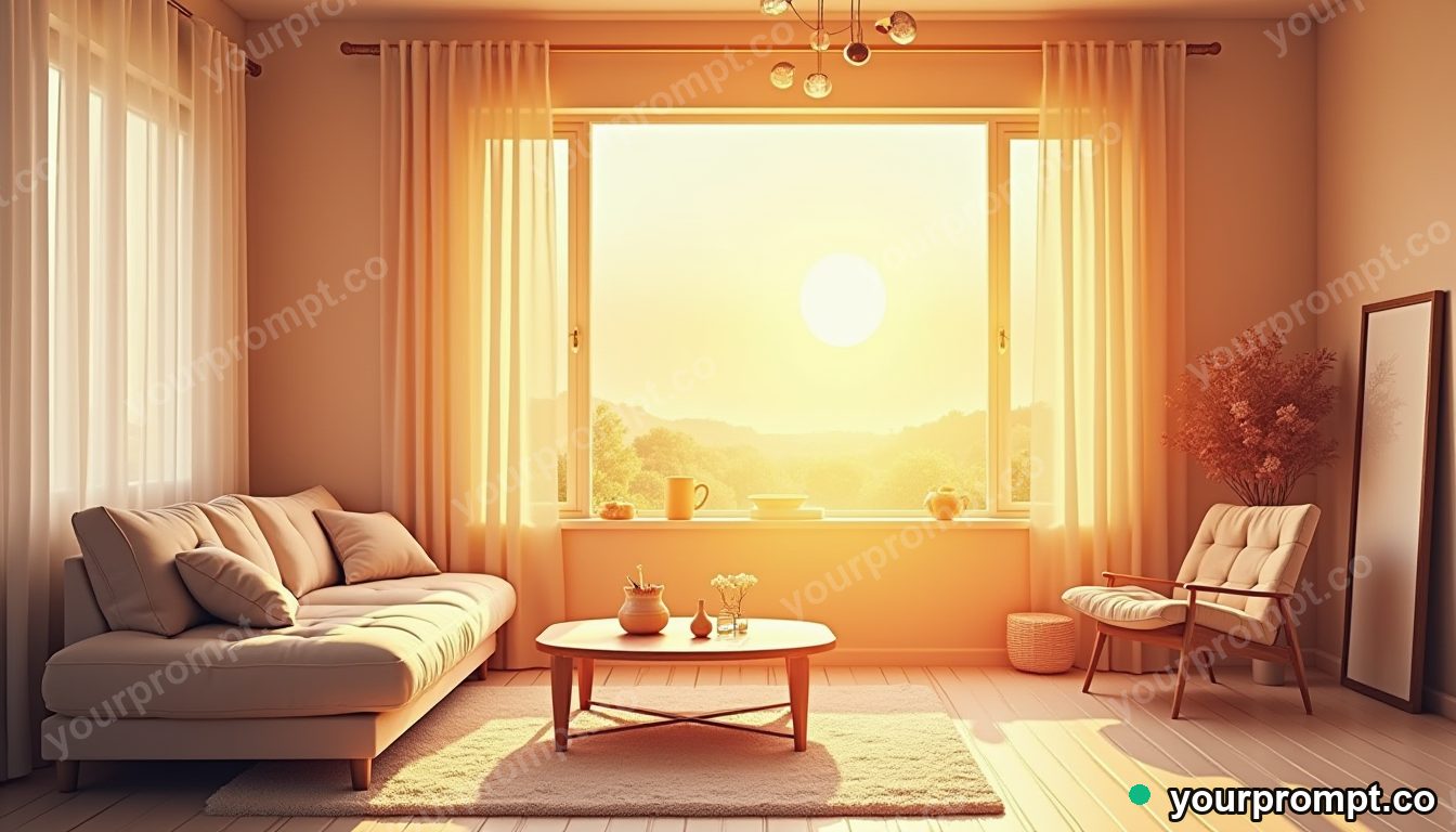 A minimalist Scandinavian living room at golden hour