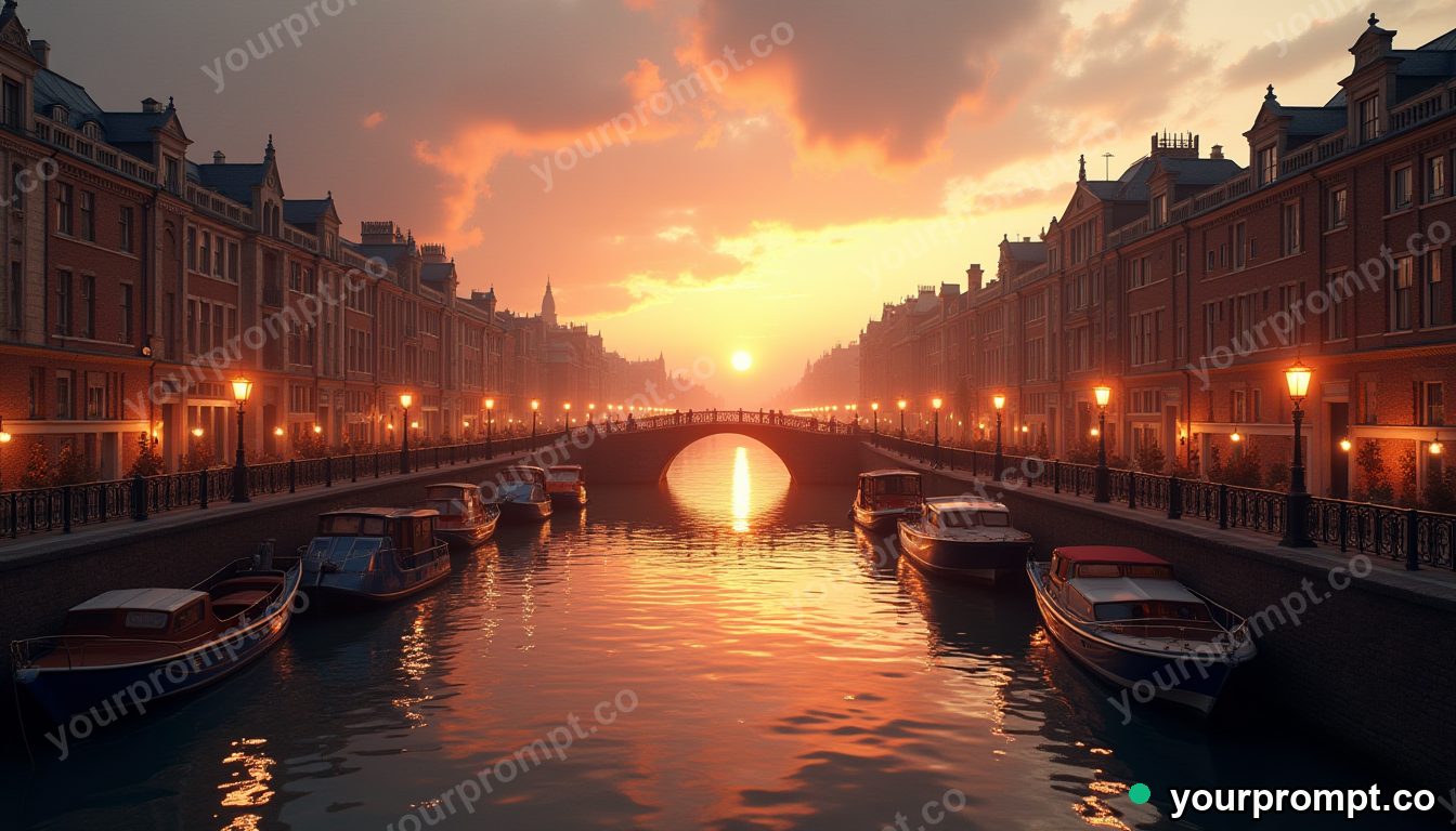 A floating city of bridges and canals at dawn