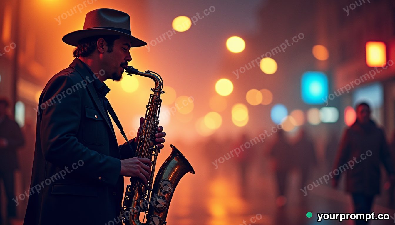 A street saxophonist under warm bokeh city lights