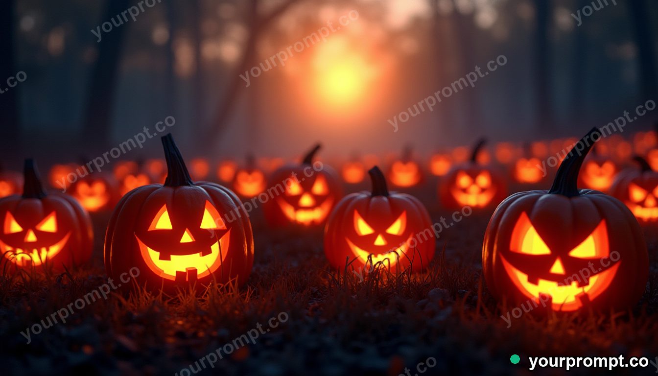 A field of jack-o-lanterns glowing in misty dusk