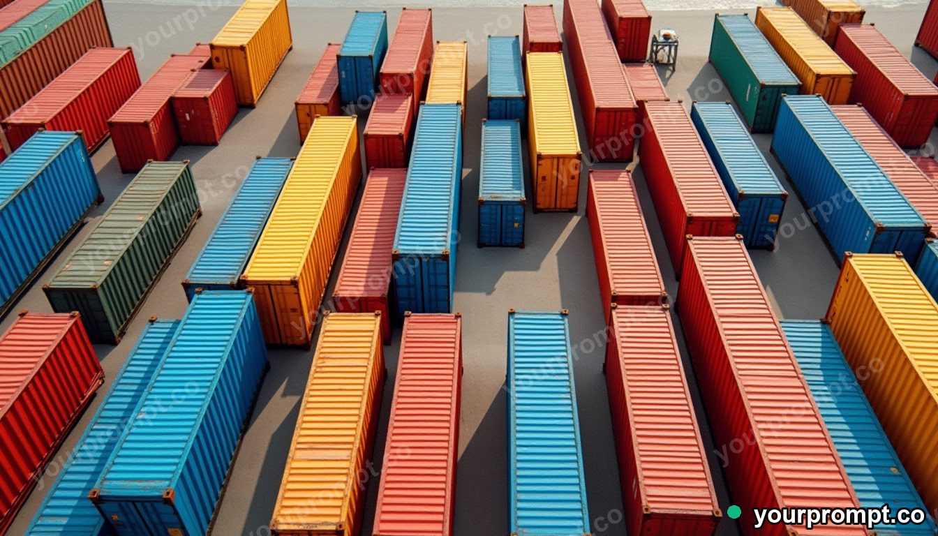 A top-down view of colorful shipping containers at a port