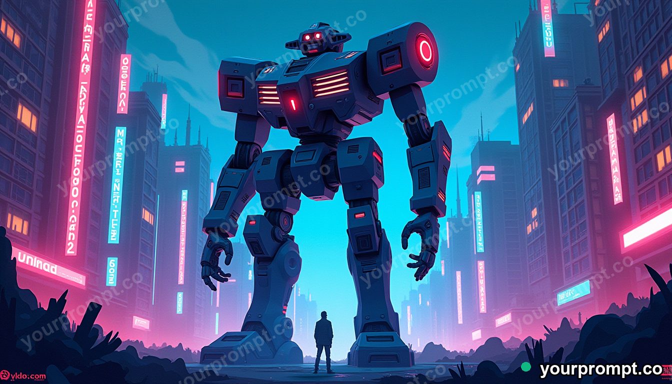 A towering mech standing guard in a neon city