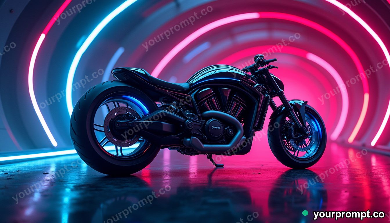 A futuristic electric superbike in a neon tunnel