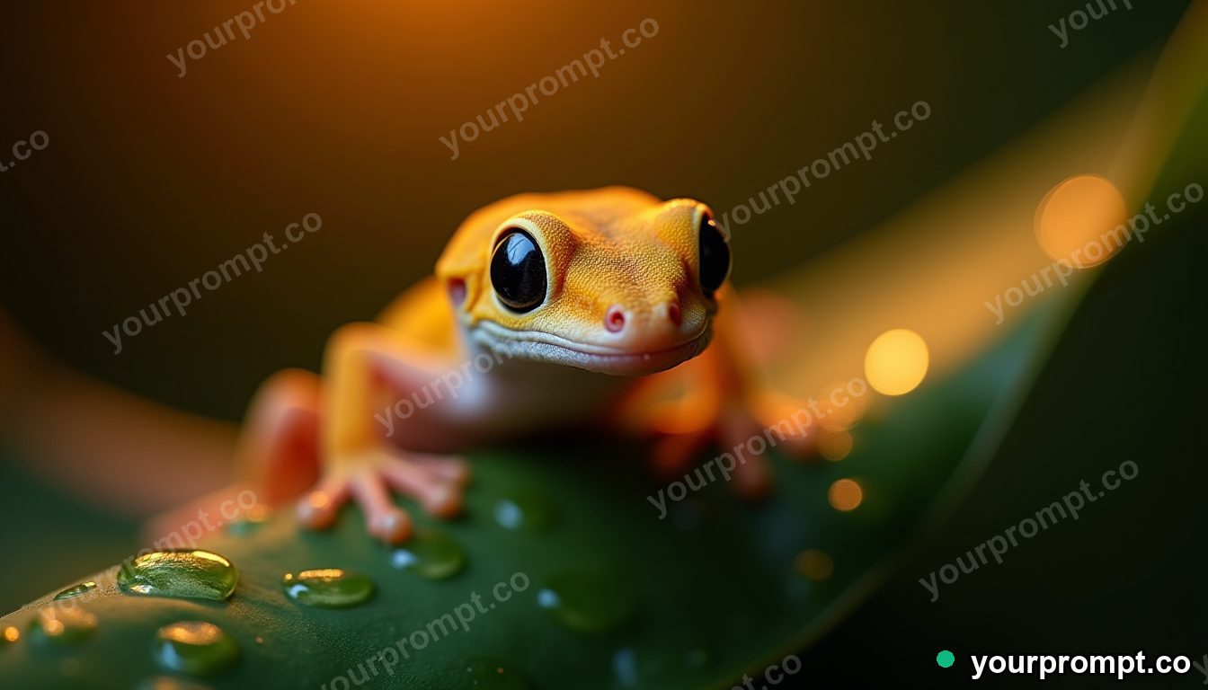 A gecko with sticky toes on a wet leaf, macro