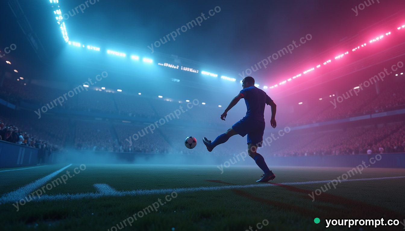 A soccer player striking the ball in a packed stadium