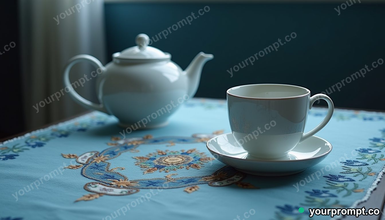 A teapot and porcelain cups on an embroidered cloth