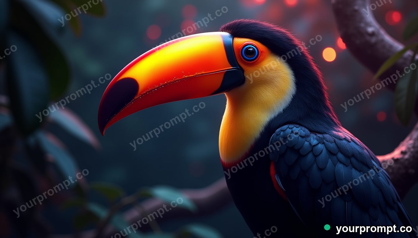 A toucan with a vivid beak on a jungle branch