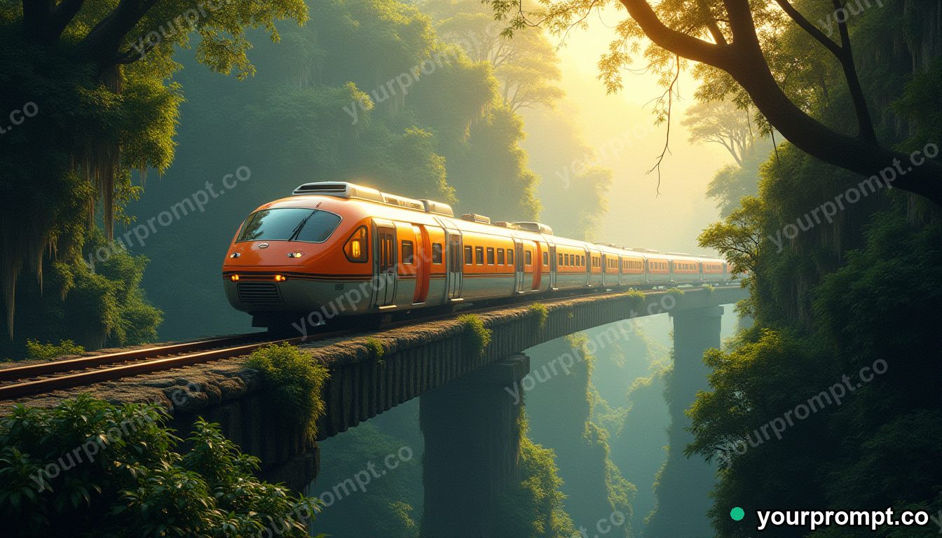 A futuristic pod monorail curving through jungle