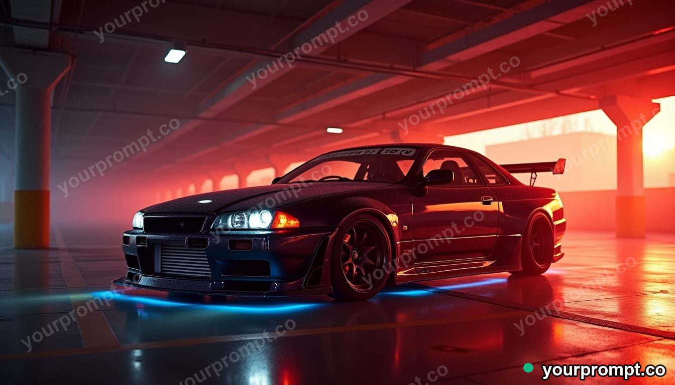 A JDM drift car with neon underglow in a parking garage