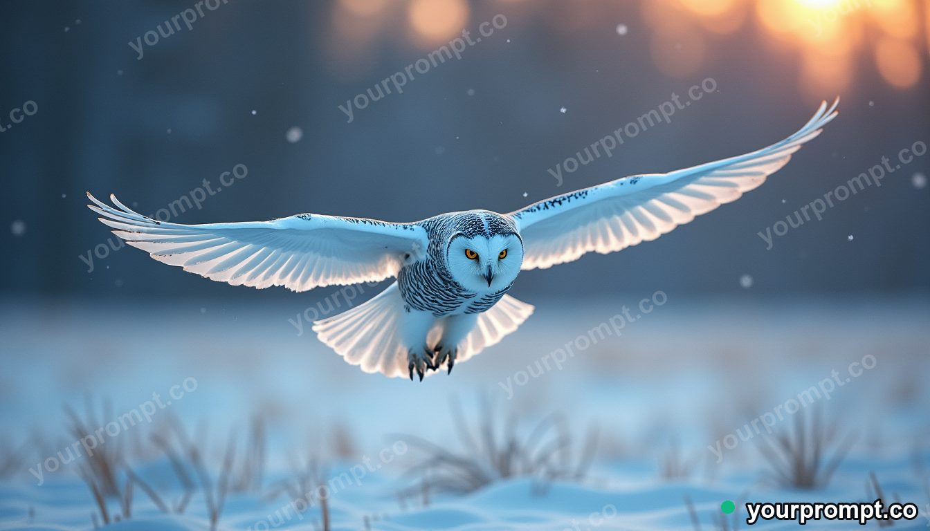 A snowy owl in flight over a winter field