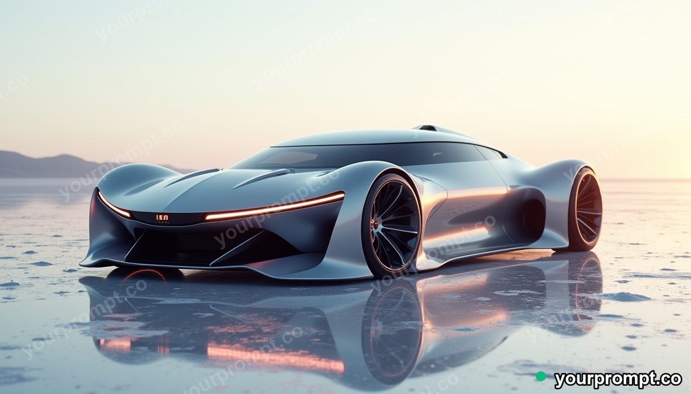 A futuristic concept car with glowing accents on a salt flat