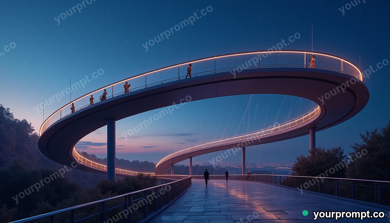A spiraling modern pedestrian bridge at dusk