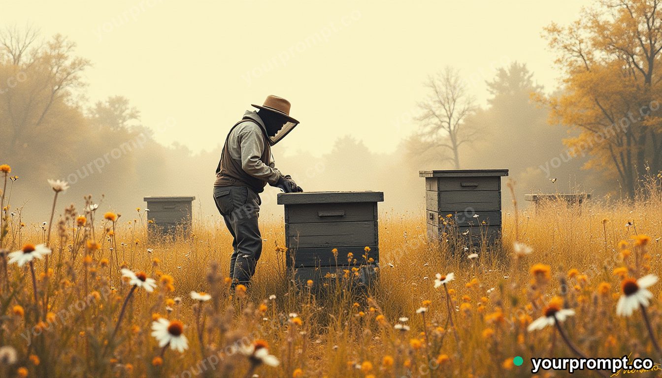 A beekeeper tending hives in a wildflower meadow