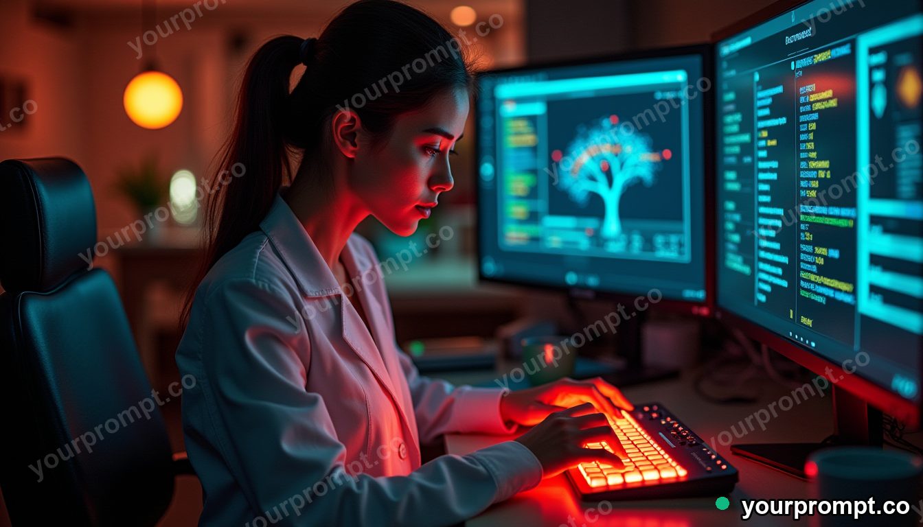 A holographic AI assistant glowing in a dark lab