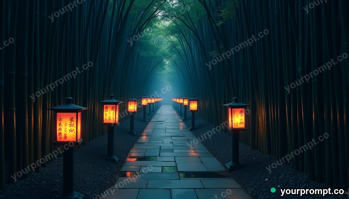 A quiet Kyoto bamboo path with stone lanterns