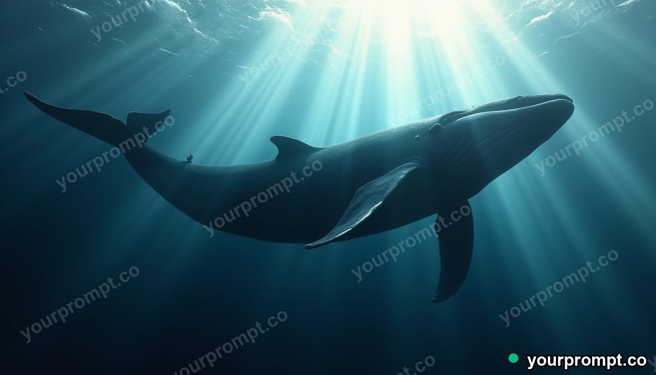 A humpback whale gliding through underwater sunbeams