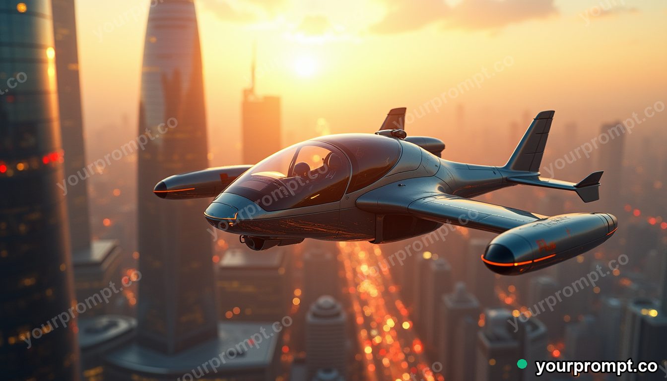 A futuristic eVTOL air taxi over a glass city