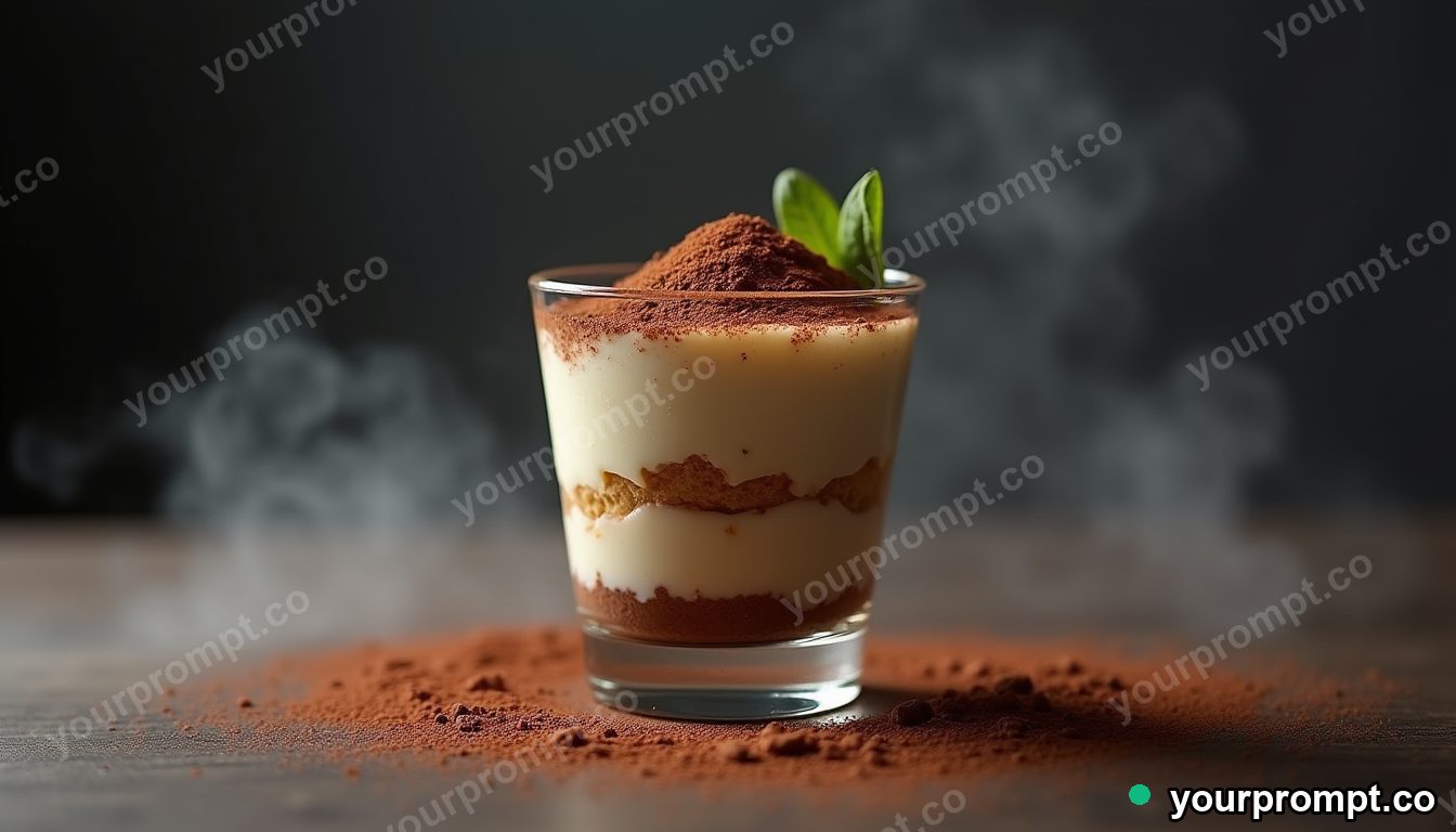 A tiramisu dusted with cocoa in a glass