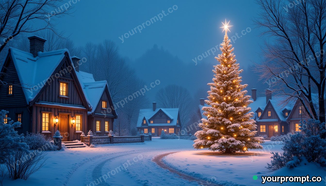 A snowy village square with a glowing Christmas tree