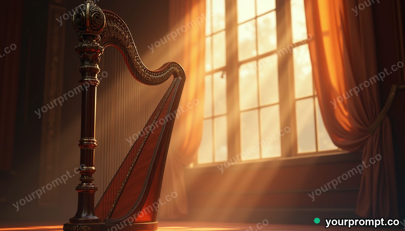 An ornate harp beside a sunlit window