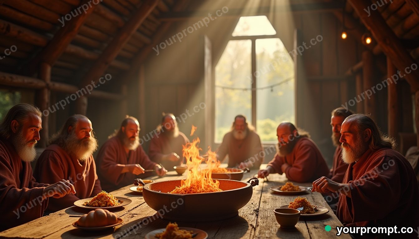 A Viking village feast in a timber longhouse