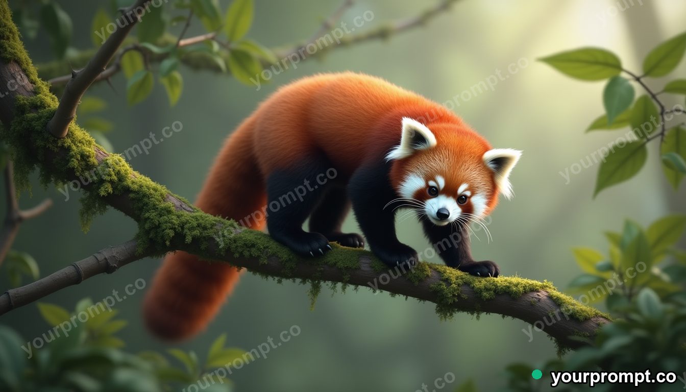 A red panda climbing a mossy branch