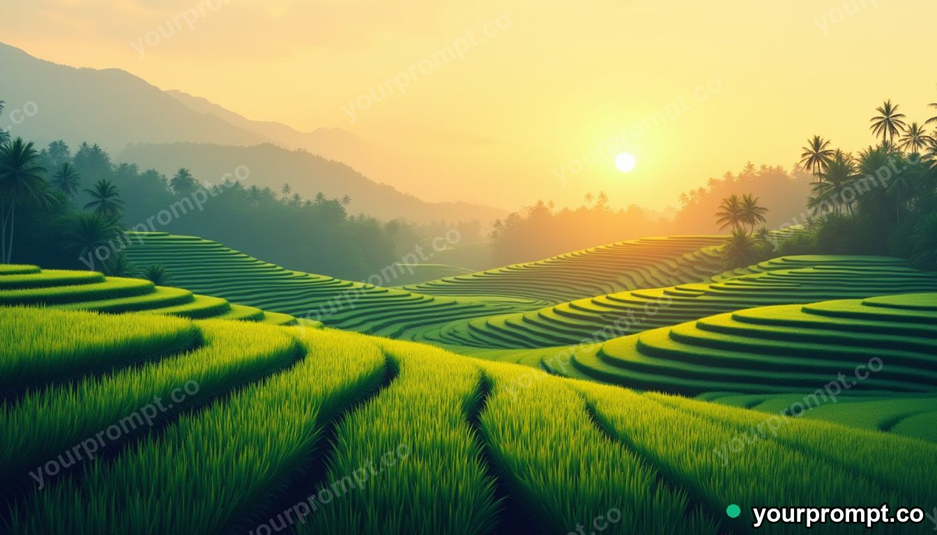 A terraced rice field at sunrise in Bali