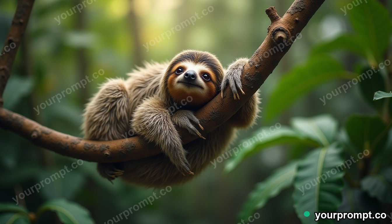 A sloth hanging lazily from a rainforest vine