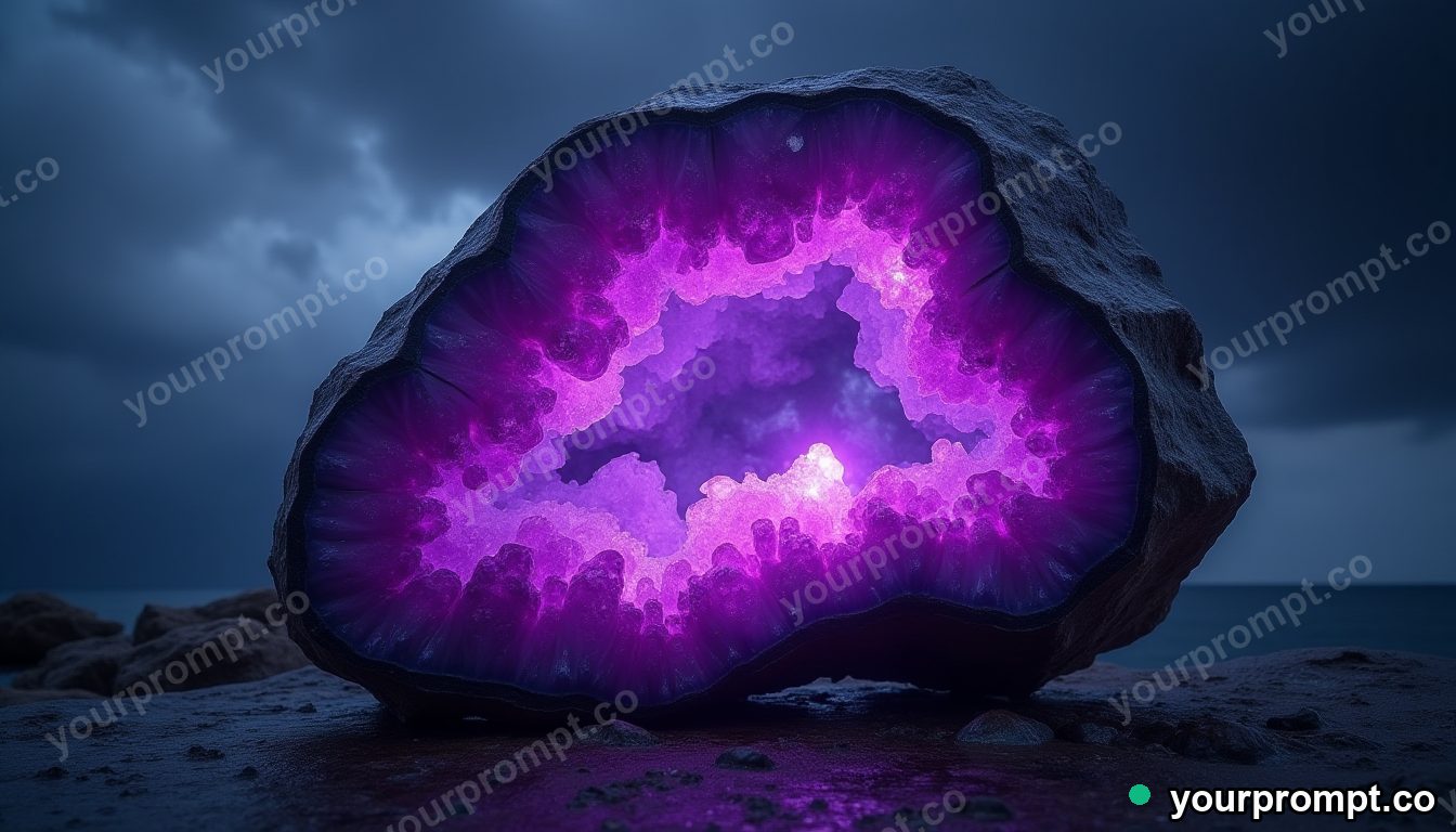 A giant raw amethyst geode glowing purple