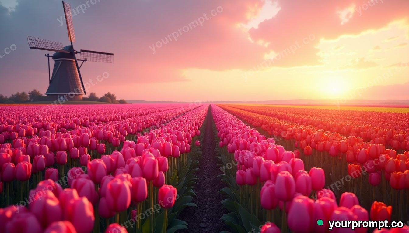 A tulip field in rainbow rows under a windmill