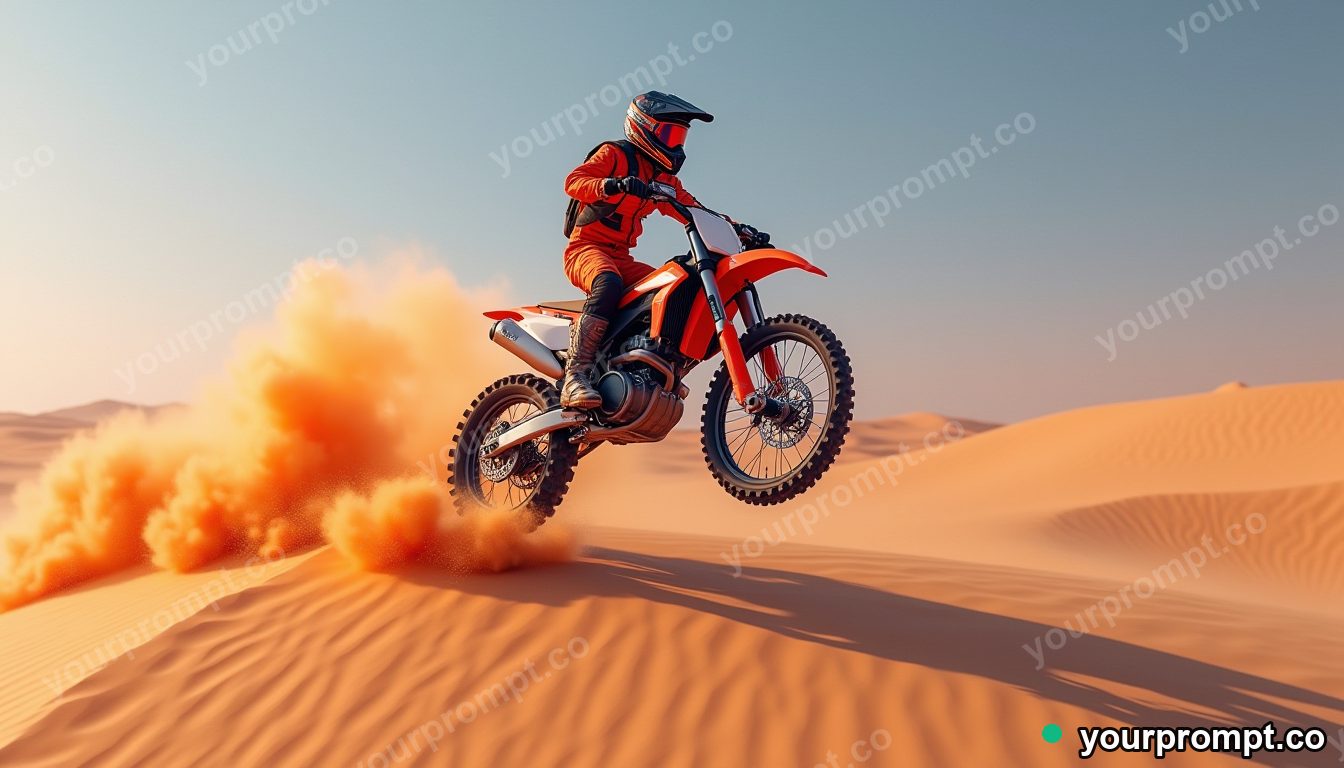 A dirt bike soaring over a dune, sand spraying