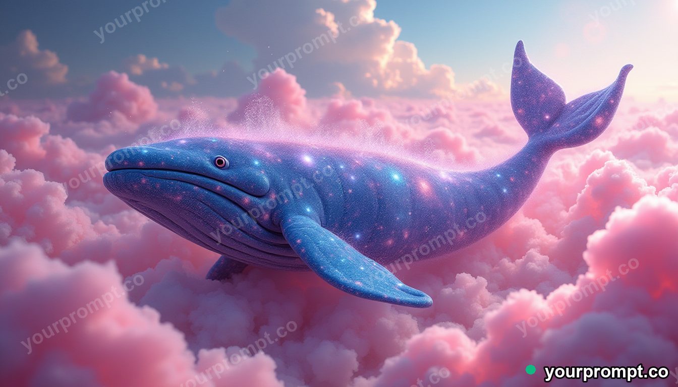 A whale made of swirling galaxies drifting through pink clouds