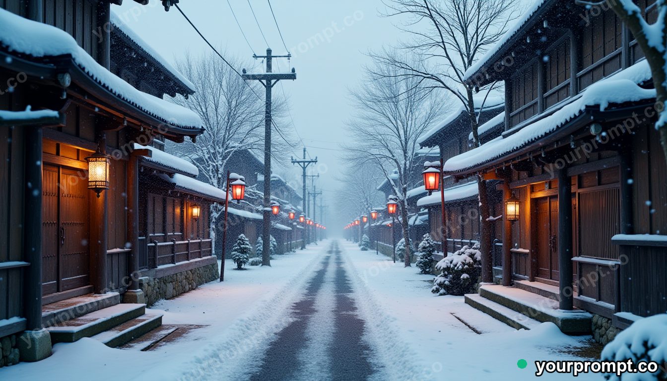 A samurai village street under falling snow